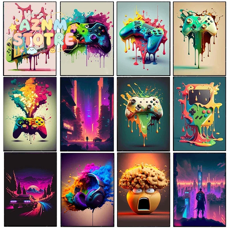 Gaming Esports Esports - Vintage canvas schilderij kleurrijke punk neon